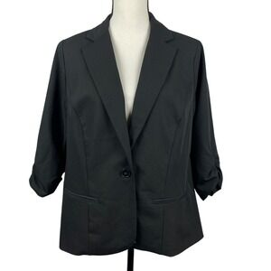 Torrid Studio Women's Blazer Jacket 00/M/L Black Ruched 3/4 Sleeve Single Button